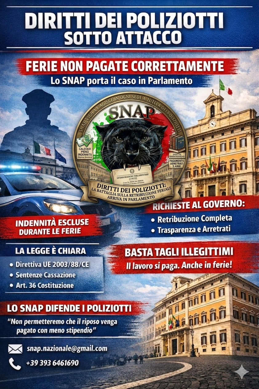 RETRIBUZIONE FERIE POLIZIOTTI, LA MESSA IN MORA SNAP APPRODA IN PARLAMENTO