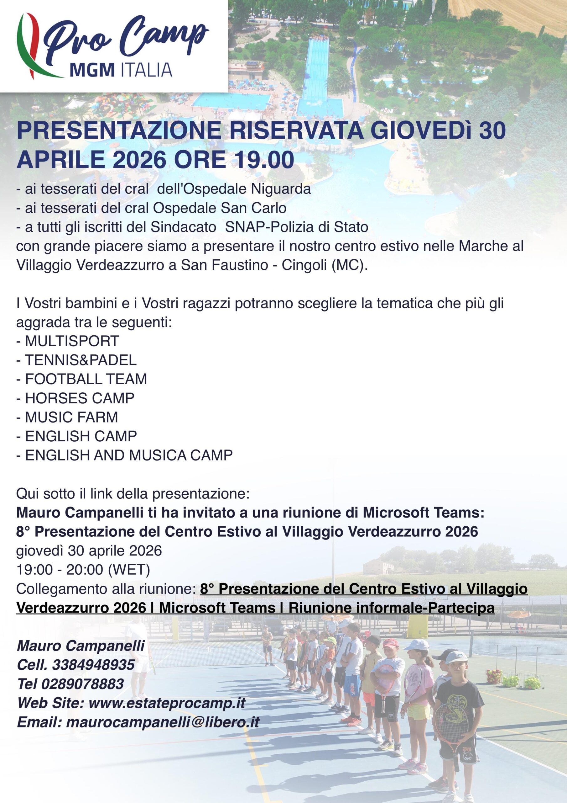 Pro Camps MGM ITALIA - Centro estivo nelle Marche a San Faustino - Cingoli (MC) - OFFERTA RISERVATA