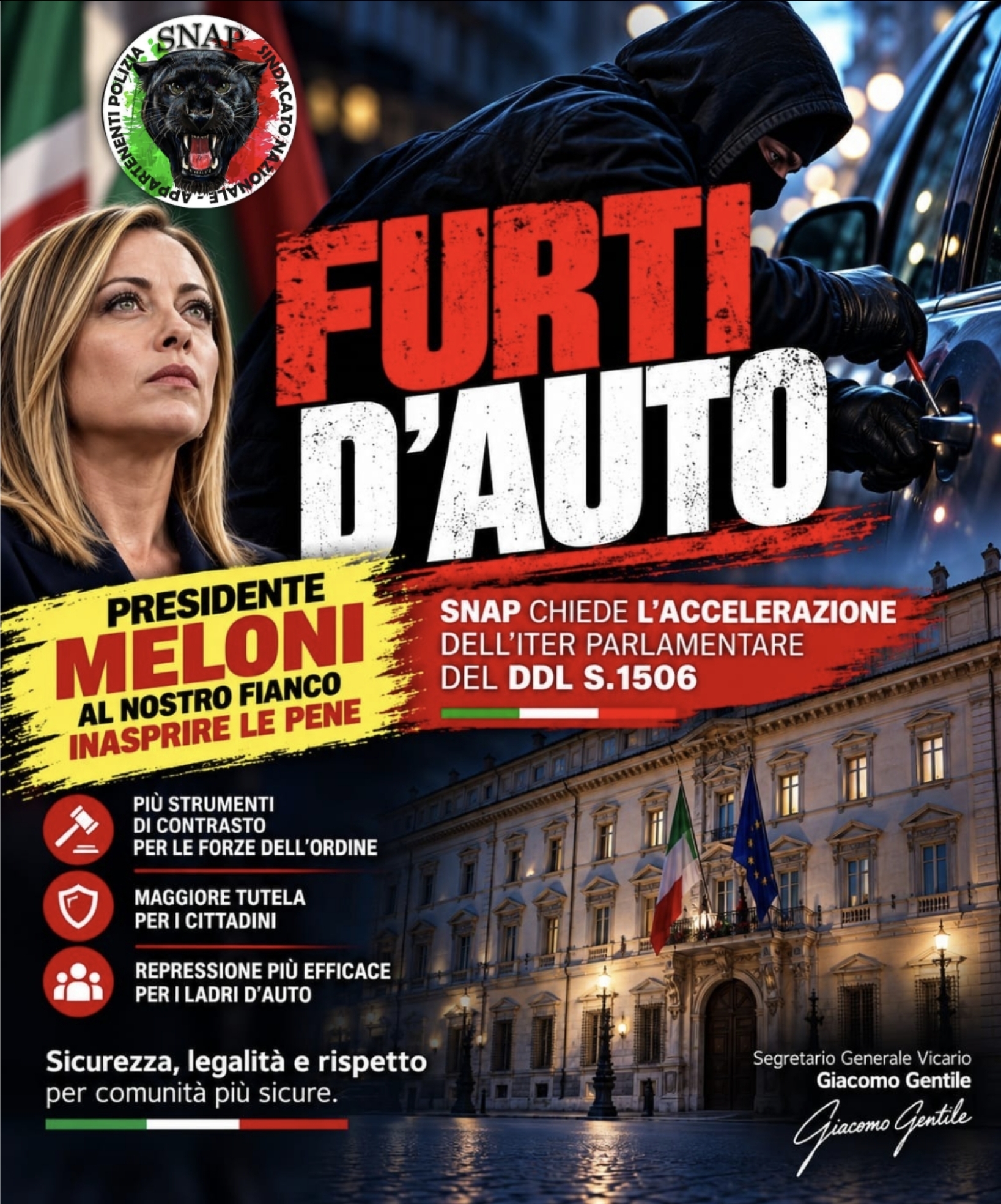 FURTI D’AUTO, SNAP: «PRESIDENTE MELONI, NON LASCI SOLI I CITTADINI»